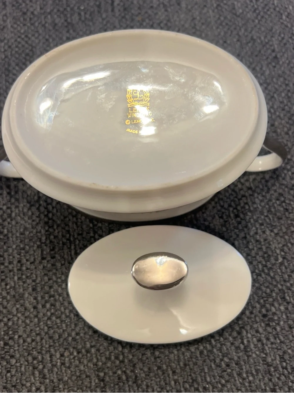 Lenox White Porcelain Covered Sugar Bowl with Blue Floral Motif and Silver Trim
